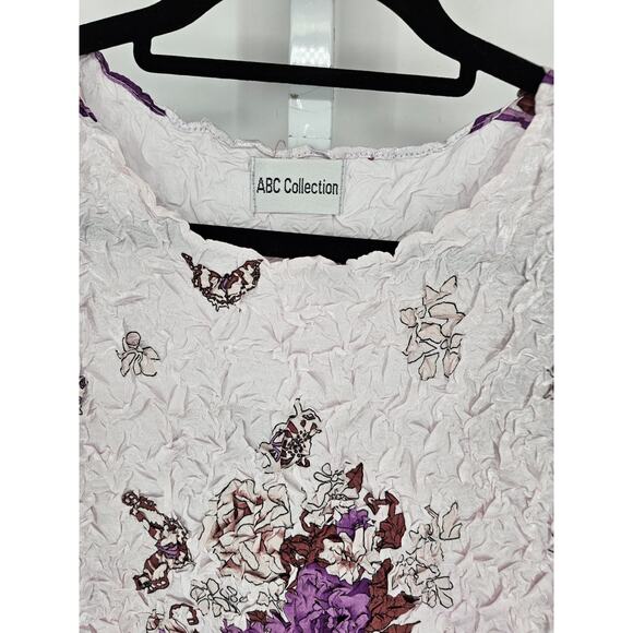 Vtg 1990s ABC Collection Womens OS Popcorn Stretchy Shirt White Purple Floral - Picture 2 of 3